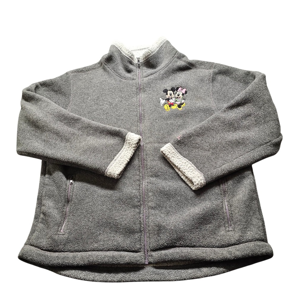 Disney Parks Mickey Minnie Fleece Jacket Womens L Gray Disneyland Zip Up 4958